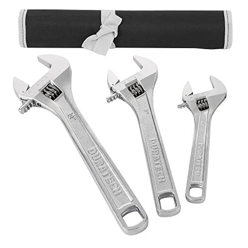 DURATECH Adjustable Spanner Set, Heavy Duty Adjustable Wrench Set, Forged Cr-V, Chrome-Plated 3-Piece, 6"/150mm, 8"/200mm and 10"/250mm,